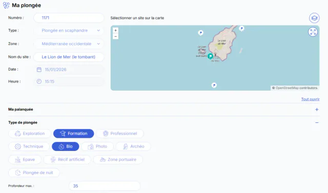 Onglet « Ma plongée » : informations de la sortie et choix du site sur la carte