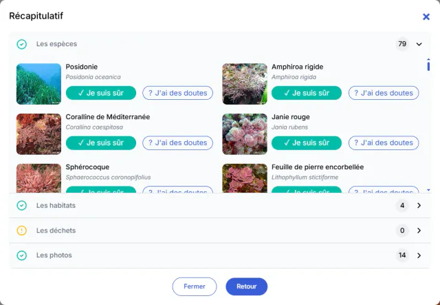 Récapitulatif du relevé : espèces, habitats, déchets et photos